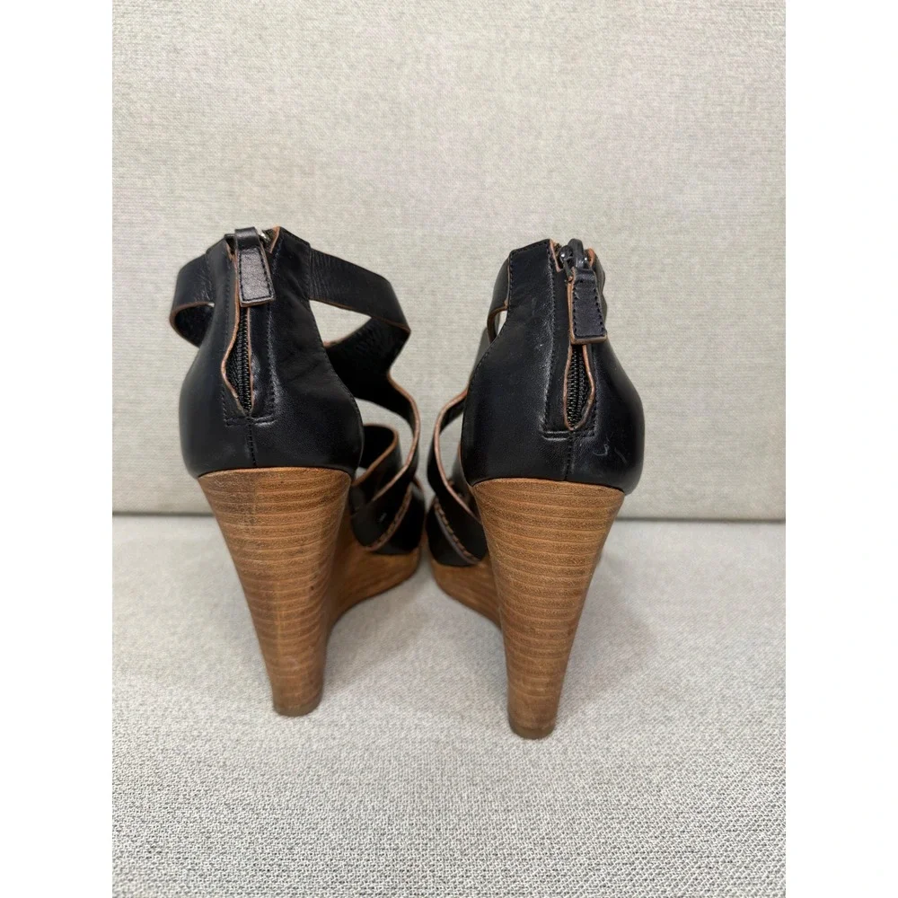 Cole Haan Black Leather‎ Caged Wedge Sandals Womens 7B Heel Zip D37884